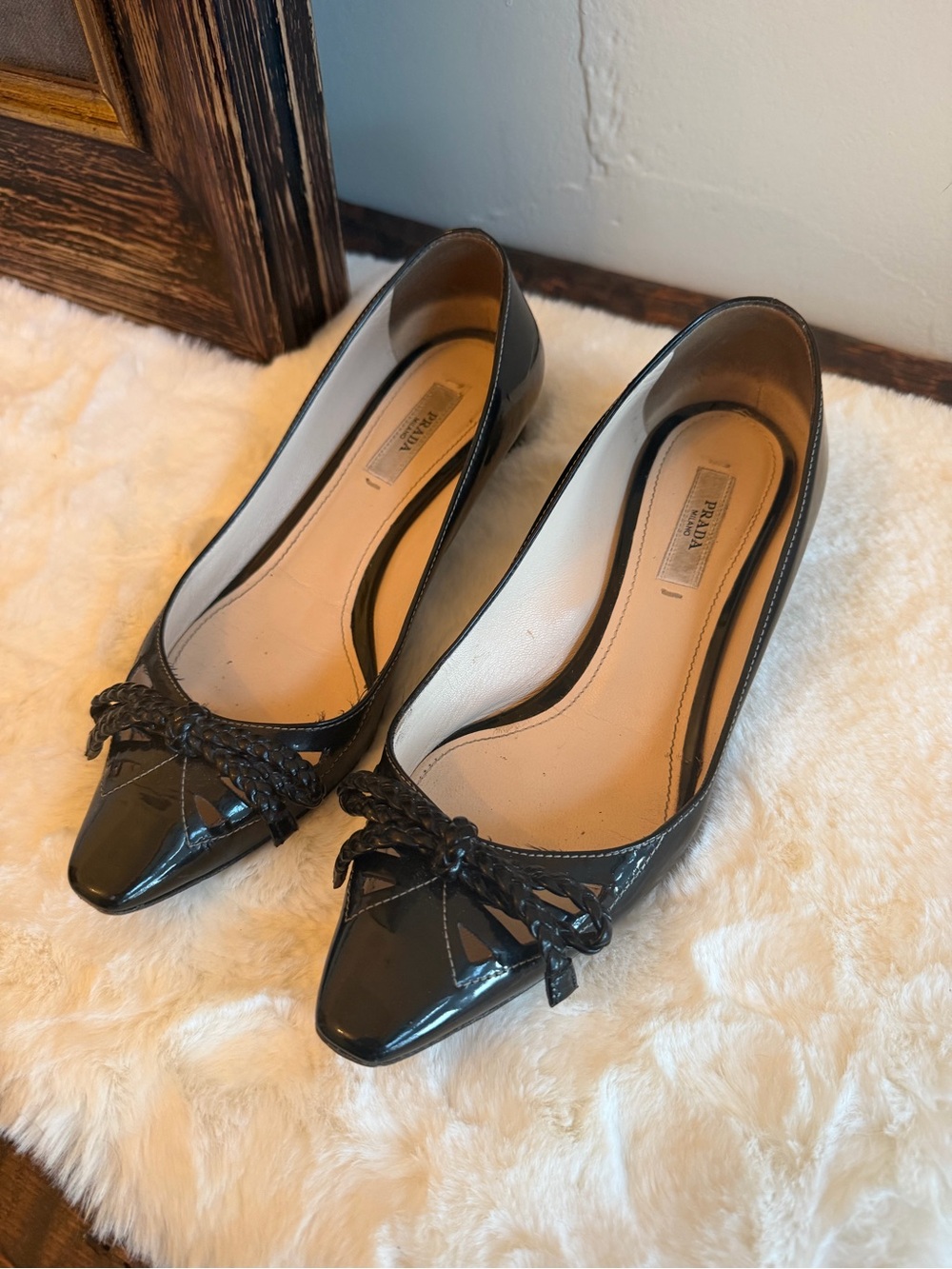 Prada Black Patent Leather Pointed Toe Flats with Braided Bow